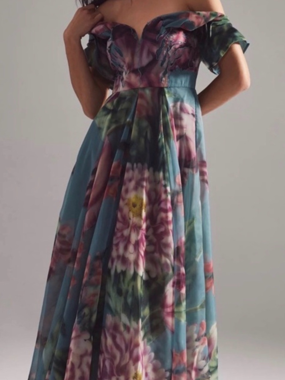 Geisha Designs Floral Off-Shoulder Teal Maxi Dress